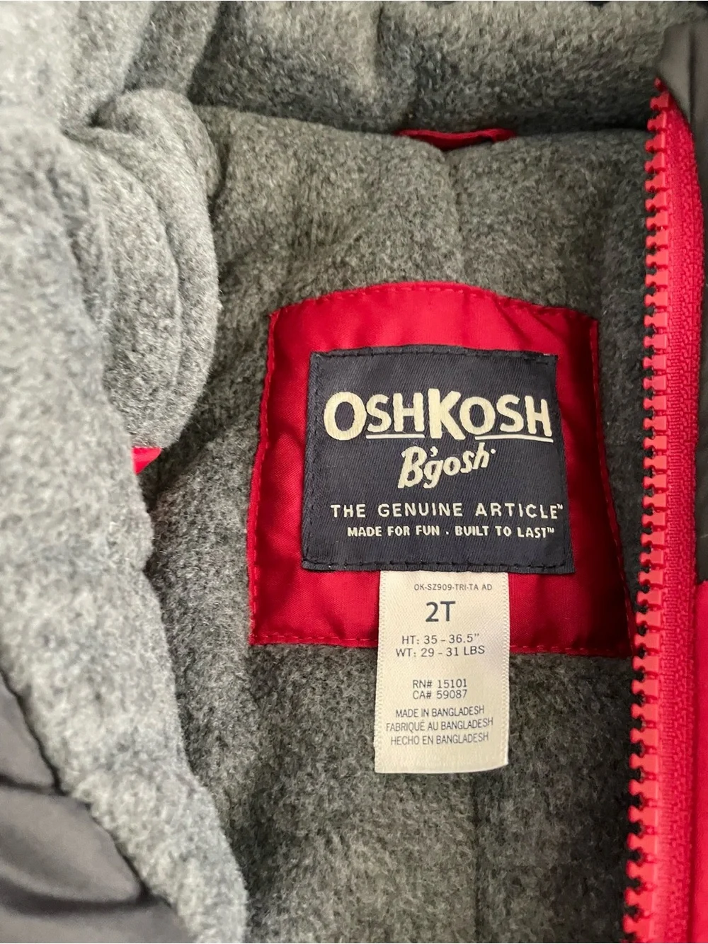 OshKosh B’gosh Red and Black Hooded Winter Jacket Toddler 2T